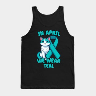 Sexual Assault And Violence Awareness Month Teal Ribbon With Cat Tank Top